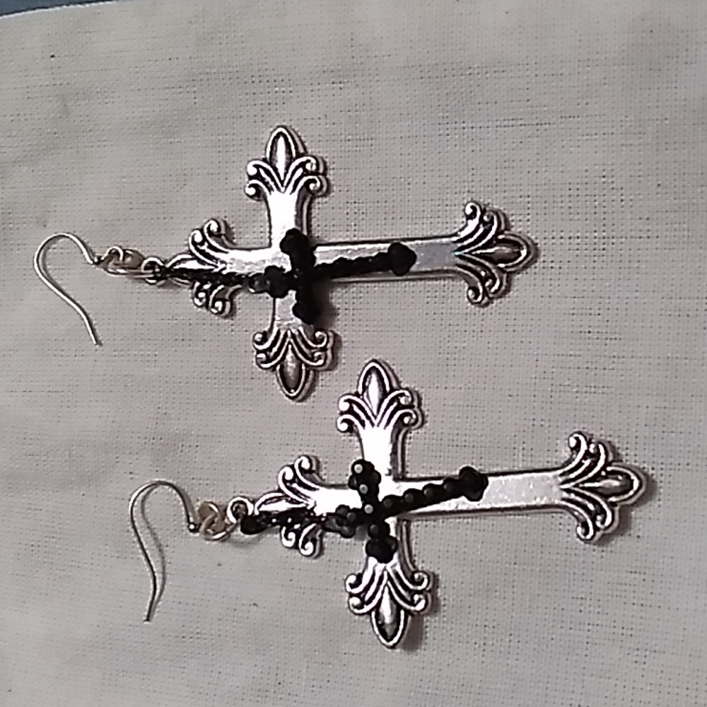 SILVER & BLACK CROSS EARRINGS